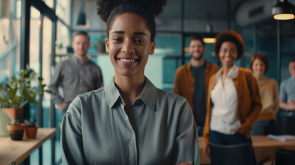 A young professional woman stands confidently in a lively office, team behind her.