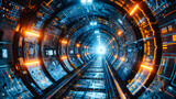 Fototapeta Przestrzenne - Spaceship Corridor: Futuristic Blue Interior with Digital Neon Lights, Science Fiction Concept