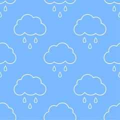 Wall Mural - Rainy sky, white clouds and rain drops on blue background. Vector seamless pattern. Best for textile, wallpapers, wrapping paper, package and your design.