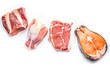 Mix of meat raw steaks salmon, beef, pork and chicken. Isolated on white background