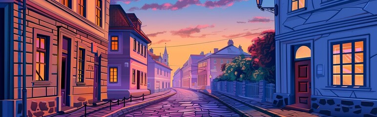 Wall Mural - illustration cartoon, view of an old European street at dusk