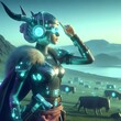 Futuristic Celtic lady with glowing headphones with low hills  background