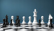 3d rendering, chess game black and white pieces over the blue background. Black queen stands in the middle of the chessboard between two rows of pawns. Politics concept, feminist leadership metaphor
