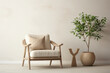 Beige and Scandinavian aesthetic captured in a living room, highlighting a chair, foliage, and space for text.