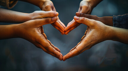 Symbol of Unity. Diverse hands form a heart shape, representing inclusivity and compassion.