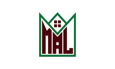 MAL initial letter real estate builders logo design vector. construction, housing, home marker, property, building, apartment, flat, compartment, business, corporate, house rent, rental, commercial