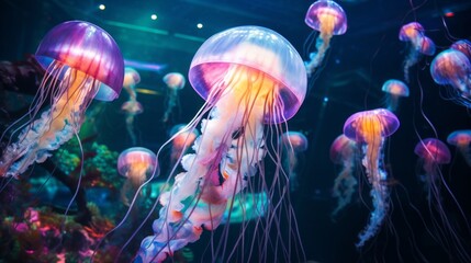 Wall Mural - Colorful bright jellyfish swim underwater in an aquarium on a black background. Marine life.