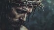 Jesus with Crown of Thorns. Powerful symbol of sacrifice against a somber backdrop.