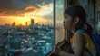 City Reverie: Sunset Portrait of Girl Amidst Urban Bustle

