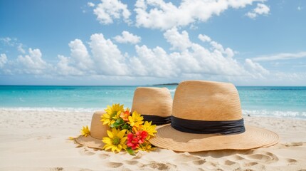 Tropical beach scene with two straw hats and exotic flowers 