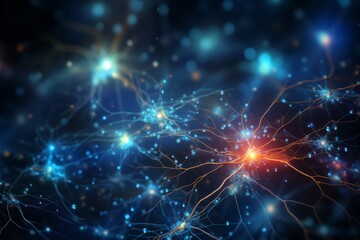 Wall Mural - neuron cells neural network under microscope neuro research science brain signal information transfe