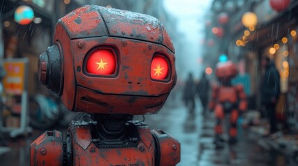  a robot with red eyes stands in the middle of a city street in the rain, with people walking on the sidewalk in the background and on a rainy day.