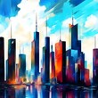 Artistic painting of skyscrapers.Abstract style. Cityscape panorama. Generative AI