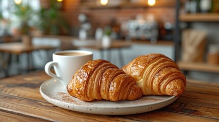 two croissants sitting on a plate next to a cup of coffee on a wooden table in a room with a blurry 