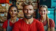 © Marcel - a man and two women standing next to each other in front of a pallet filled with pallets of food and a man with a beard in a red t - shirt.