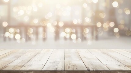 Wall Mural - Empty wooden table with a white surface and a bright, defocused bokeh background.