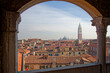 VENICE, ITALY, February 3, 2024 : View of the roofs and campanile from the top of the famous staircase of Palazzo Contarini del Bovolo