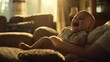Joyful infant laughing while lying on mother's lap at home, intimate and tender family moment. Warm indoor setting with soft focus on baby's happiness and motherhood bond - AI generated