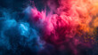 Freeze motion of colorful powder explosion on dark background. Holi celebration, festival of colors. Colored cloud, dust, gulal powder. Abstract texture for banner, poster, card, wallpaper