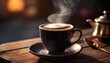 © Kendrick - a steaming cup of hot black coffee on a wooden table the coffee is dark and rich in color with a thick layer of foam on top