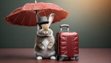 Cute Rabbit Wearing A Hat Standing Beside A Suitcase Umbrella To Travel On Holiday Cute Red Bunny Isolated For Easter Concept