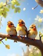 funny little birds sit on a branch in a spring Sunny Park and chirp Generative AI