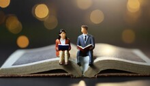 Reading And Hobby Concept Group Of Miniature Mini Figures Businessman Man And Woman Siting And Read A Book Together On A Big Book