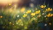 spring meadow with yellow flowers and green grass soft focus and selective focus on buttercup