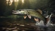 freshwater pike fish esox lucius jumping out of water