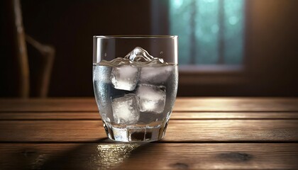 Wall Mural - glass of water with ice on wooden table