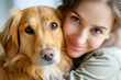 A close-up image of a woman with her golden retriever at a veterinary clinic, bringing her pet for a health checkup and vaccinations.