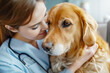 A caring veterinarian hugs a golden retriever in a tender, comforting embrace, expressing a strong bond between pet and vet.