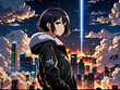 © Pano - Anime manga girl in bomber jacket in front of burning city