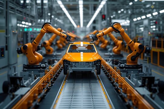 assembly line of a car factory with articulated robotic arms building a car