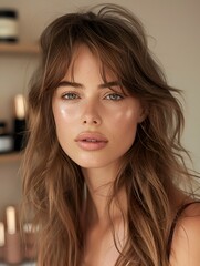 A pretty woman with fashionable long curtain bangs hairstyle and pro makeup posing in a beauty salon.