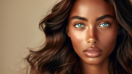 Wall Mural - A close-up portrait of a beautiful black woman with long shiny hair and green eyes. Haircare, beauty and cosmetics concept.
