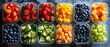  A healthy set of snacks in small containers, a colorful mix of fresh fruits and vegetables