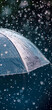 © lucky pics - Close up, transparent umbrella under rainfall against a background of water droplets splashing. Concept of rainy weather. Neural network generated image. Not based on any actual scene or pattern.