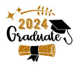 2024 Graduate . Trendy calligraphy golden glitter inscription with black hat