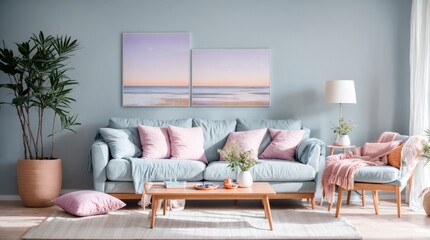 Wall Mural - Soothing blue and white coastal living room styling 