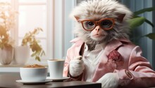 Portrait Of A Monkey With Glasses Drinking A Cup Of Coffee.