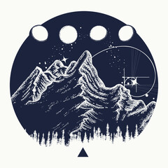 Wall Mural - Mountains, moon phases and camping tent tattoo. Sacred geometry style. Esoteric symbol of adventure, dreams, tourism, meditation and great outdoors. T-shirt design concept