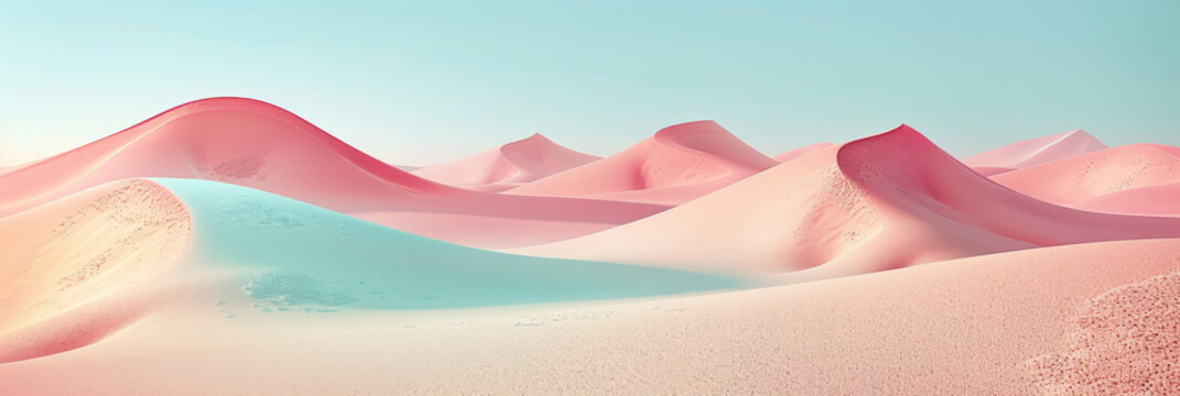 a pink and blue  cyan sand dunes in the desert on bue sky background, appropriate for travel magazines, blog headers, website backgrounds, or desert themed contras designs.banner