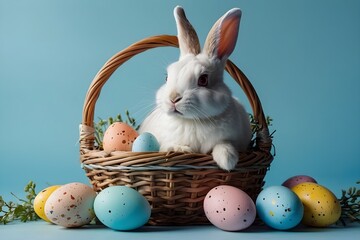 Wall Mural - Easter bunny with eggs in basket.  Blue background. Easter day, Easter holiday concept, with copy space for text.