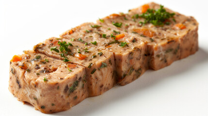 Close-up of sliced vegetable terrine garnished with fresh herbs, featuring a mix of finely chopped vegetables in a firm, savory loaf, highlighting its colorful and textured appearance