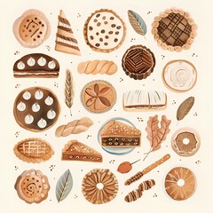 Wall Mural - Delicious Bakery Patterns: Bread, Cookies, and More in White and Brown Tones with Chocolate Accents