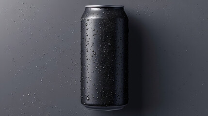 empty mockup black Aluminum  beverage container with droplets  water  on a dark grey background,  beer or soda drink mockup 