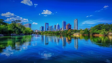 Sticker - Urban Skyline Reflection: A Panoramic View of the City by the River