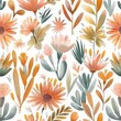 Seamless pattern of watercolor desert flowers in radiant reds and orangeade tones, evoking warmth and vibrancy.