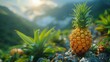 A solitary pineapple, ripe and ready, its green leaves a sharp contrast to the golden fruit, AI Generative